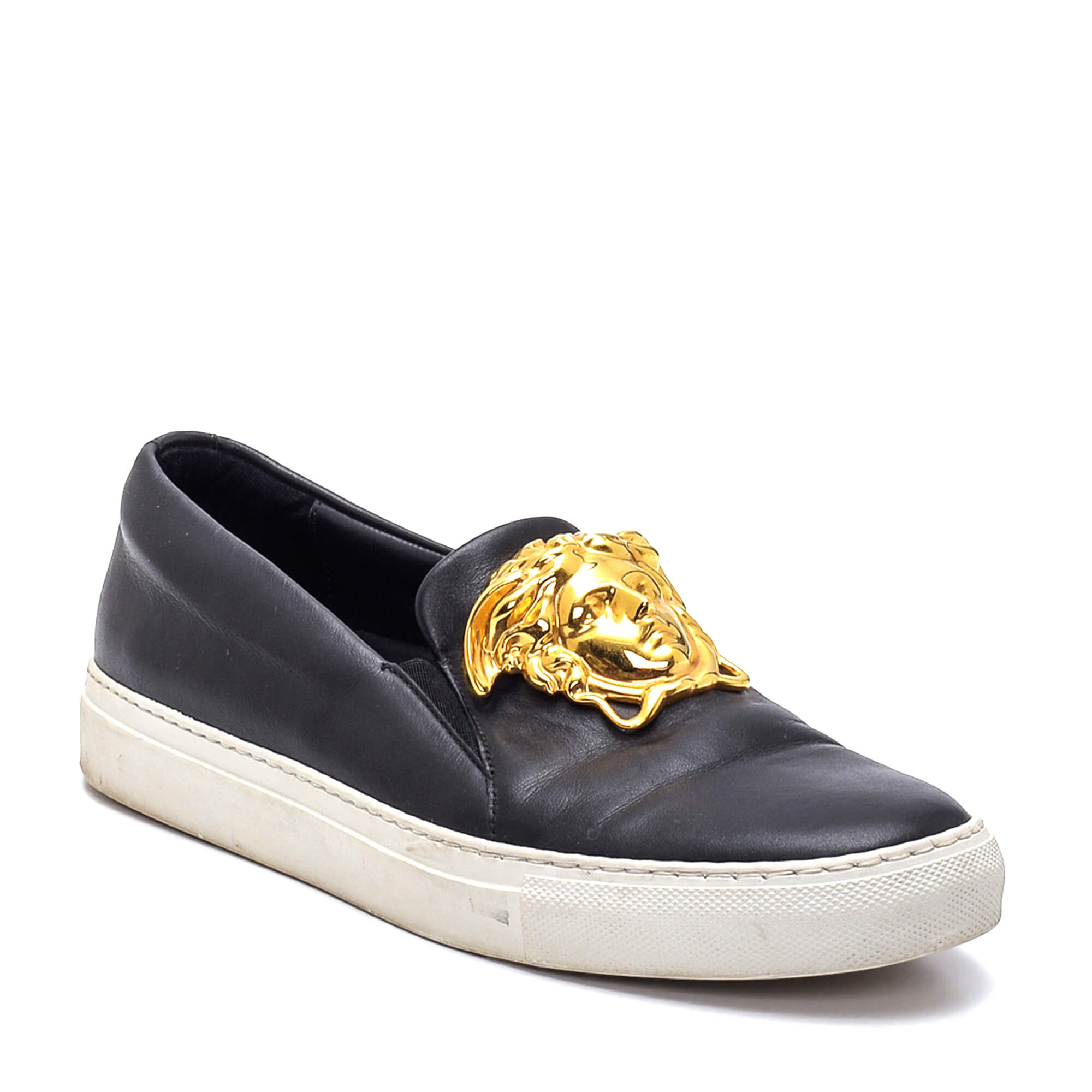 Versace - Black Leather Iconic Gold Medusa Slip On Sneakers